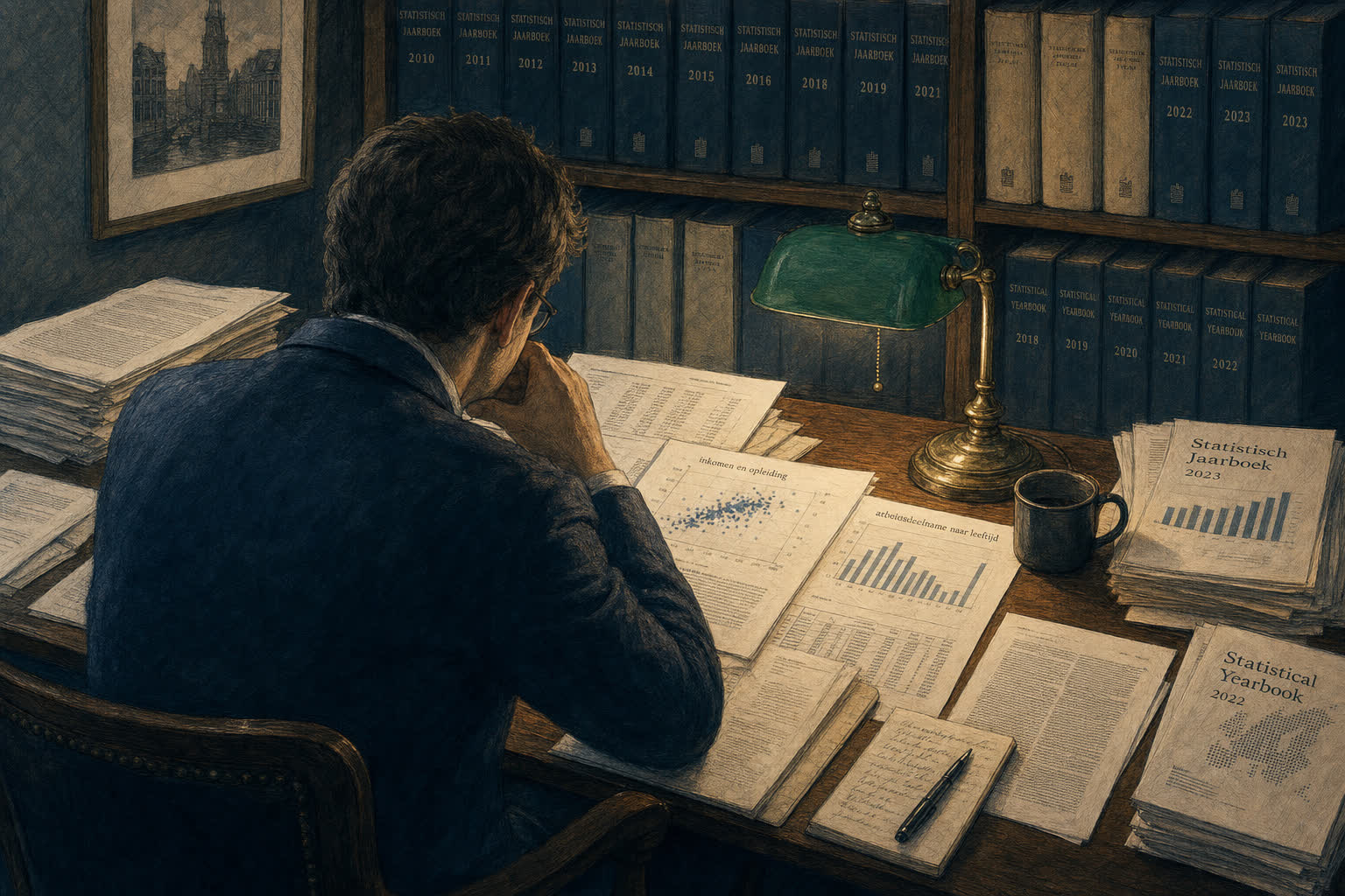 Een onderzoeker bestudeert grafieken en data bij kaarslicht
