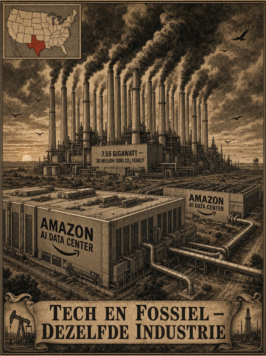 Amazon AI-datacenter met 35 gasturbines in Texas, 7,65 gigawatt, 30 miljoen ton CO2 per jaar.