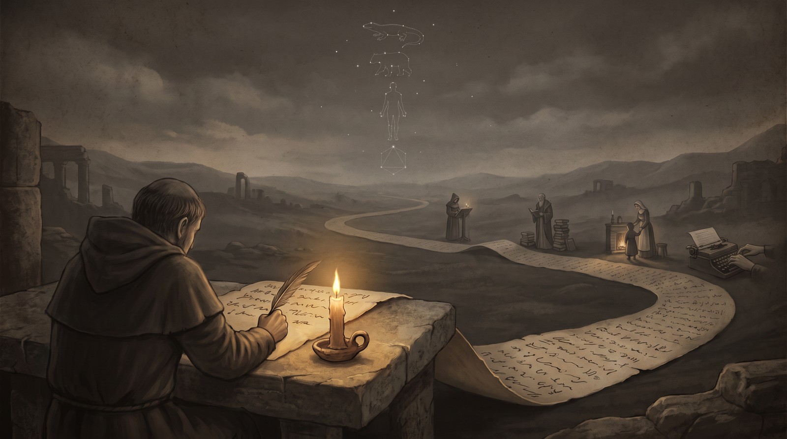 Mönch schreibt bei Kerzenlicht auf ein Pergament, das durch Landschaft und Zeit fließt, vorbei an anderen Schreibern, mit einem Sternbild der vier Schichten (Reptil, Säugetier, Mensch, Verstand) über der Landschaft.