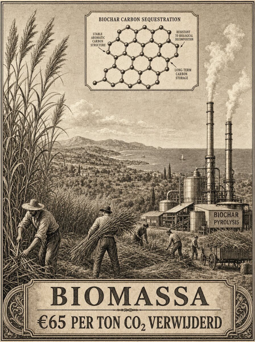 Juncao-biomassaveld in het Middellandse Zeegebied met pyrolyse-/vergassingsfabriek voor BECCS-verwerking.