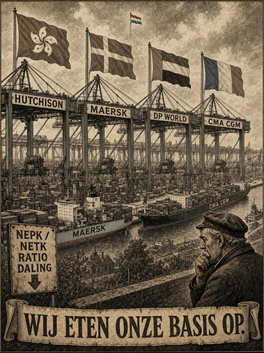 Rotterdam-haven met containerkraan-terminals onder vlaggen van Hutchison, Maersk, DP World en CMA CGM. Kleine Nederlandse vlag verloren erboven.