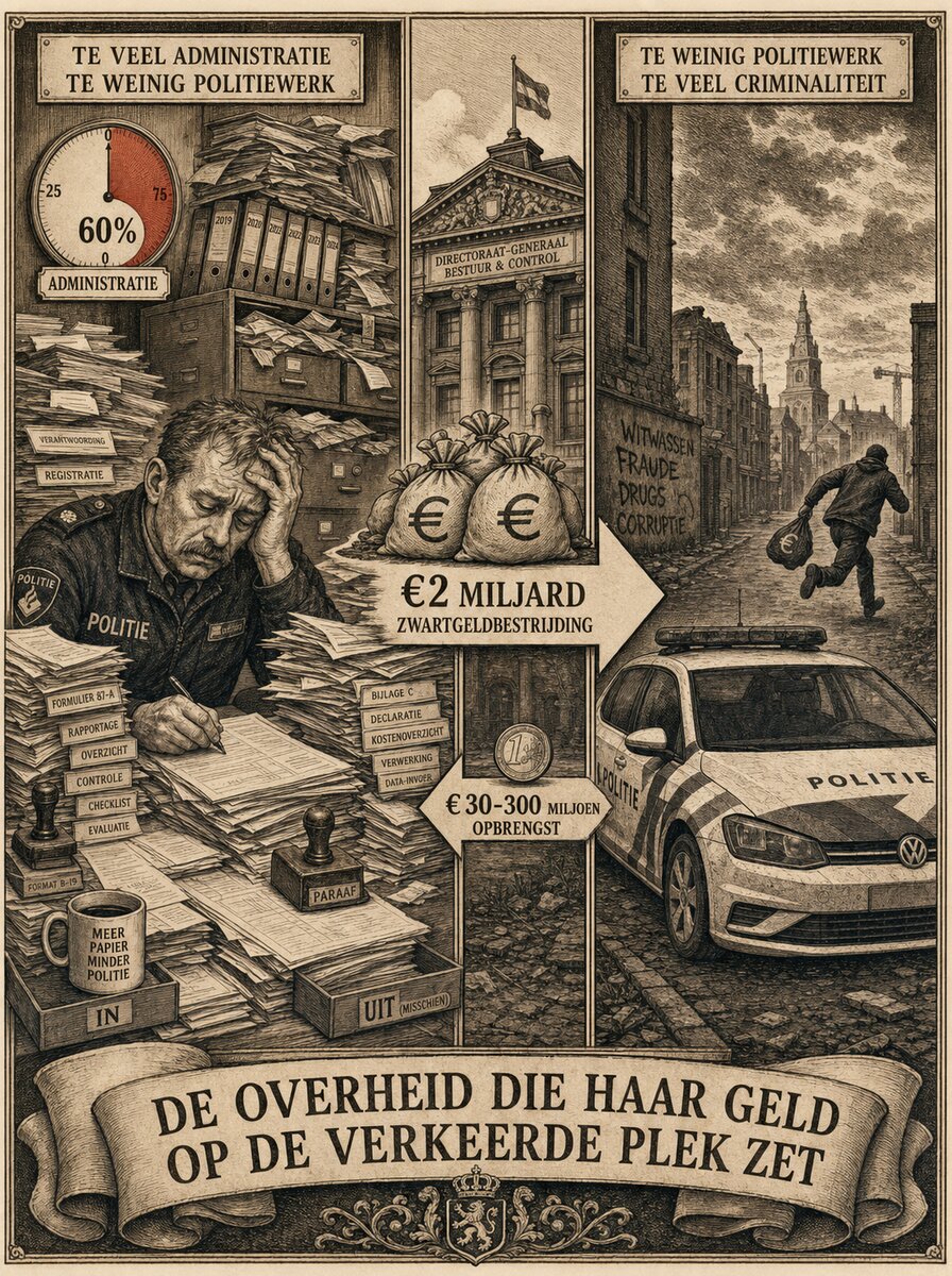 Politie-agent onder bergen administratie. 60% van politietijd gaat aan formulieren. €2 miljard zwartgeldbestrijding voor €30-300 miljoen opbrengst.