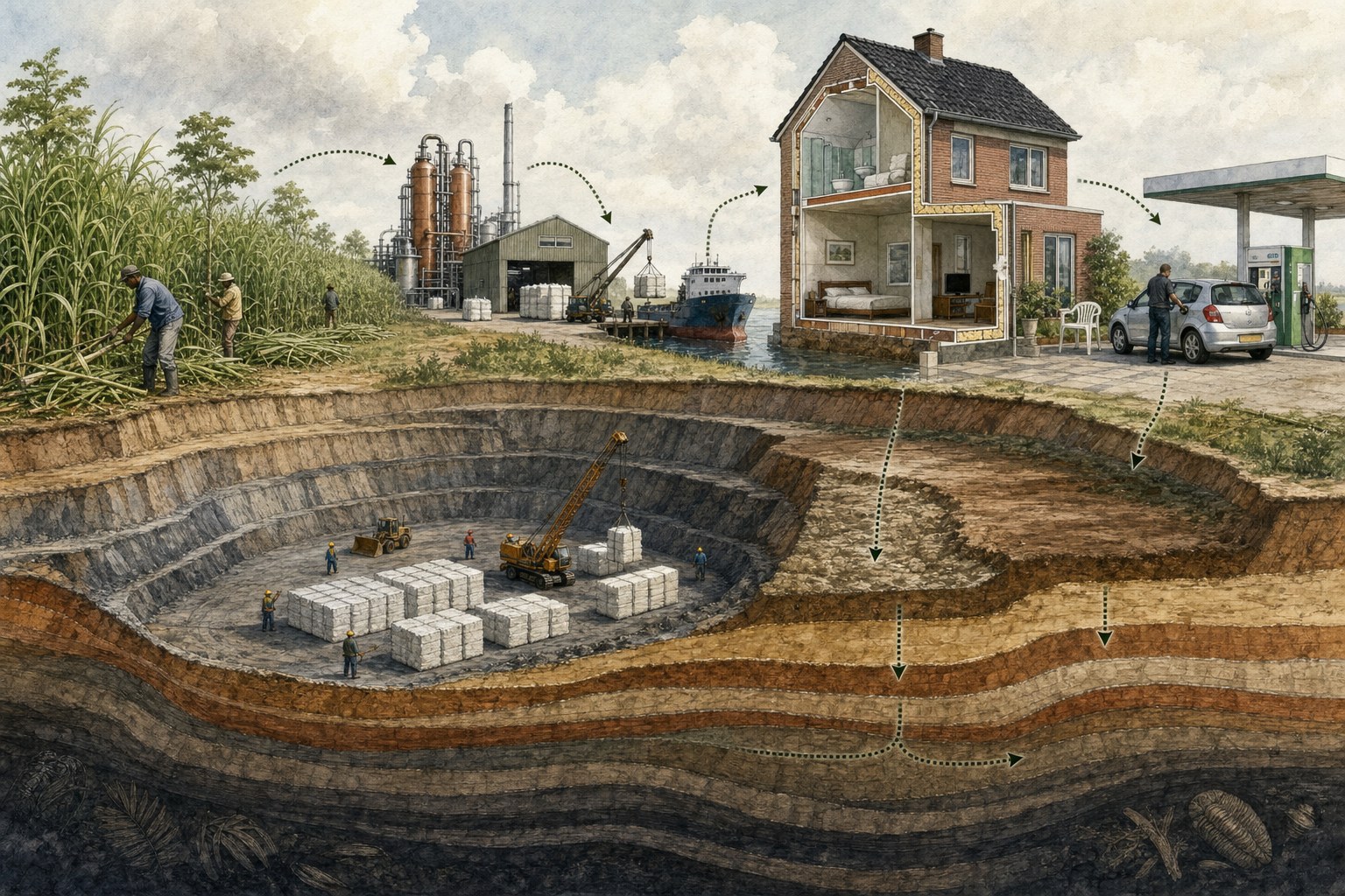 Realistische cross-section: tropische Juncao-Moringa velden, ethanol-fabriek, cargo ship met polymeer-pellets, Nederlands huis met aerogel-isolatie, benzinepomp met bio-ethanol, en onderaan de bruinkoolgroeve met plastic-opslag als fundament.