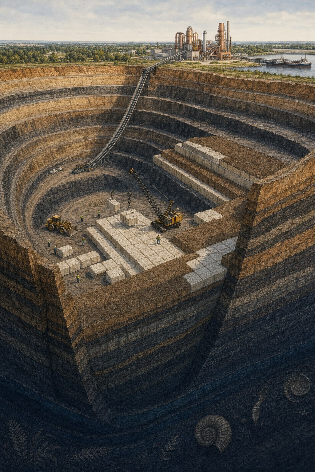 Querschnitt einer ehemaligen deutschen Braunkohlegrube, terrassenförmige Wände mit geologischen Schichten. Auf dem Grund platzieren Arbeiter mit Kran und Bulldozer Stapel von Kompressions-Kunststoff als Bausteine.