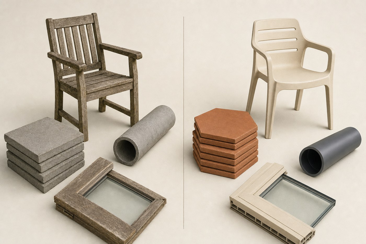 Produktvergleich auf cremefarbenem Studiohintergrund. Links: verwitterter Holz-Gartenstuhl, Stapel grauer Betonfliesen, graues Betonrohr, Holzfensterrahmen. Rechts: moderner cremefarbener Polymer-Gartenstuhl, Stapel terrakottafarbener sechseckiger Polymer-Fliesen, glattes dunkelgraues Polymer-Rohr, moderner Polymer-Fensterrahmen.