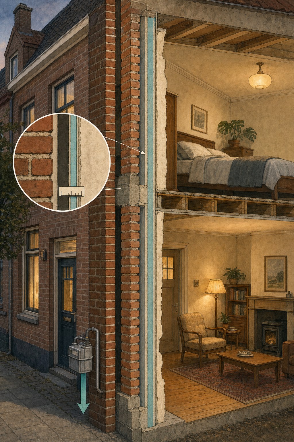 Querschnitt eines niederländischen 1930er-Jahre-Backsteinhauses. In der Wand sichtbar: Außenwand, Luftschicht, dünne blaugraue Aerogel-Isolierschicht, Innenputz. Warmes Wohnzimmer mit offenem Kamin, Leselampe, Bücherregal und ein Schlafzimmer oben.