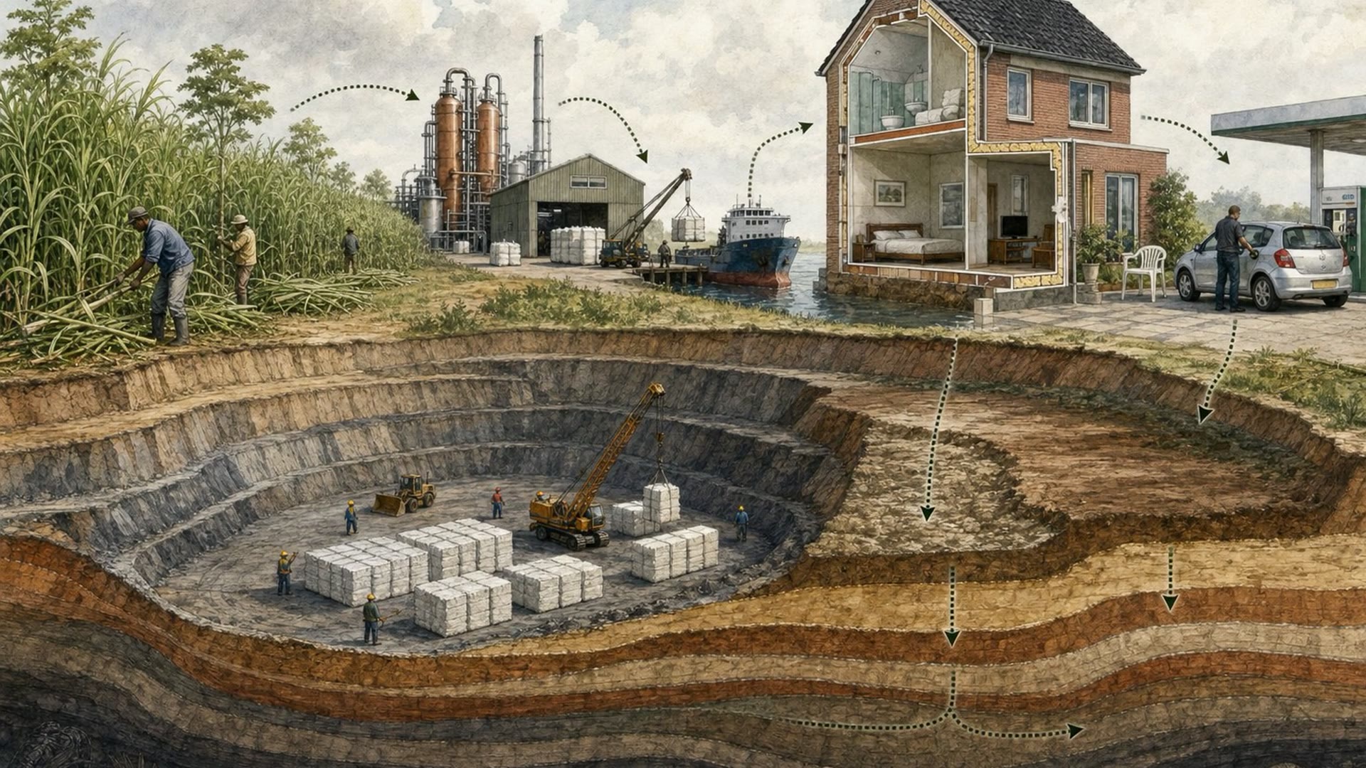 Video-poster: koolstofcyclus met tropische Juncao-velden, ethanol-fabriek, biobased plastic-productie, en de bruinkoolgroeve met plastic-opslag als fundament.