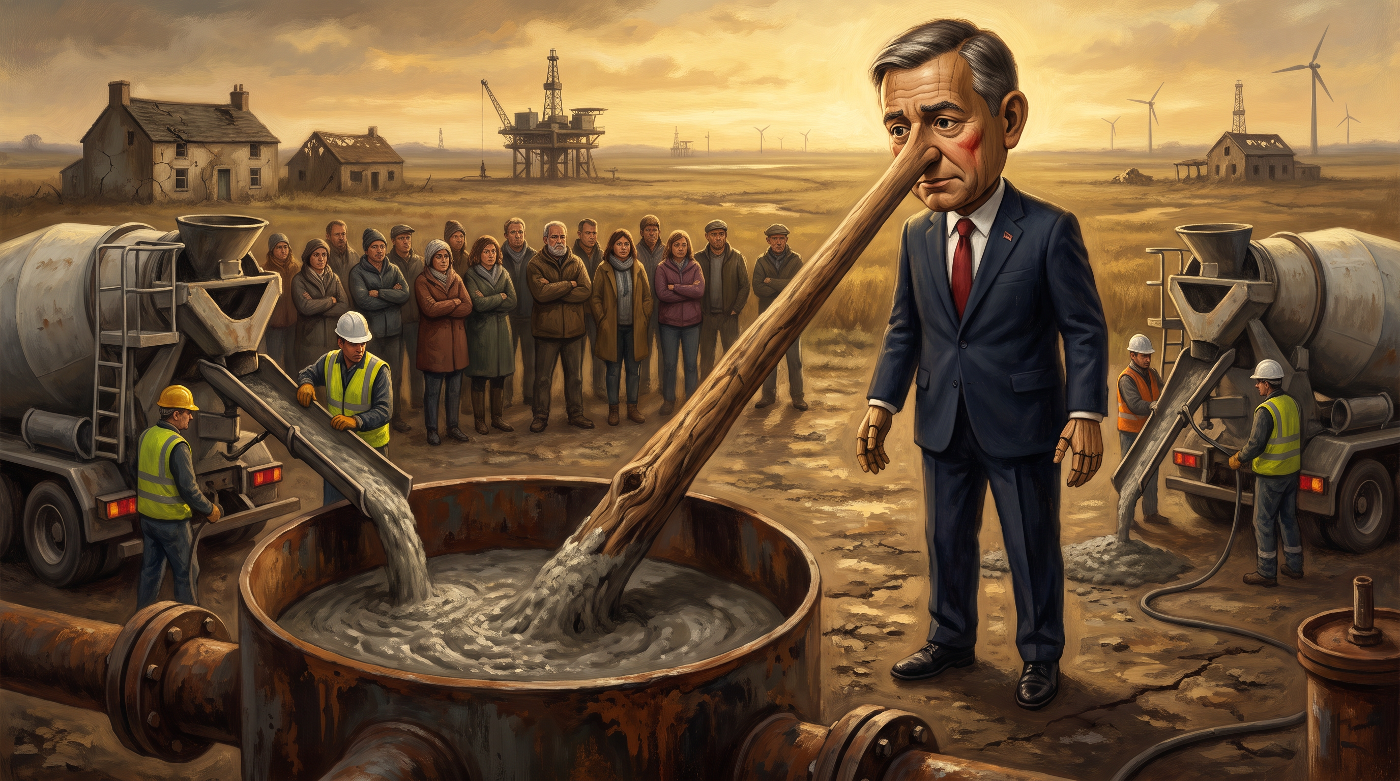 De minister-president als Pinokkio. Zijn houten neus wordt met beton in het Groningse boorgat gestort — hij dicht met beton wat hij zelf met leugens heeft veroorzaakt. Op de achtergrond de gedupeerden die zwijgend toezien, en de gescheurde boerderijen.
