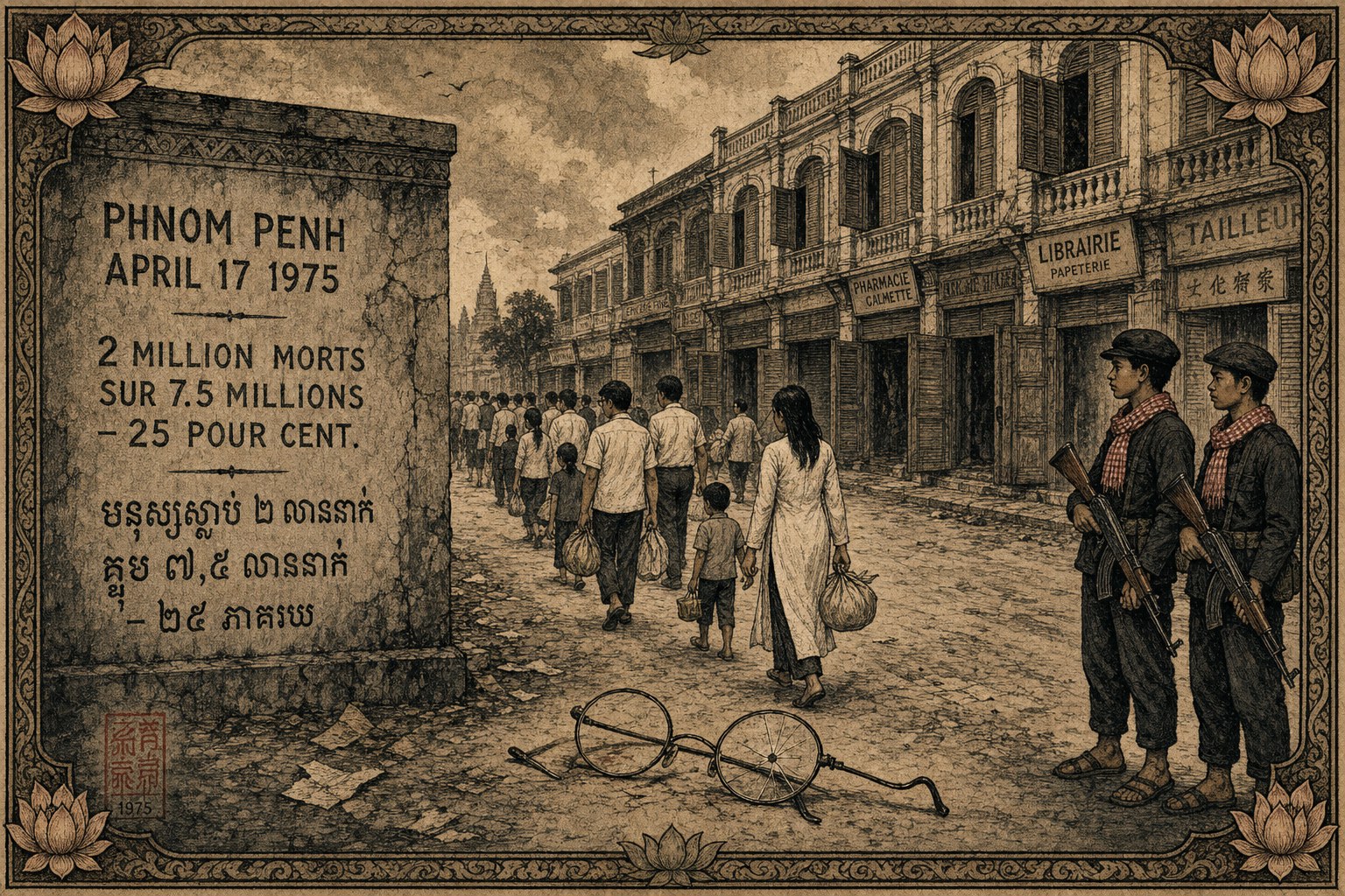 Historische Gravur: leere Straße in Phnom Penh, 17. April 1975. Reihe von Stadtbewohnern in weißen Hemden verlässt die Stadt, gezwungen von zwei Roten-Khmer-Soldaten mit AK-47 und rot-karierten Krama-Schals. Auf dem Boden eine zerbrochene Brille — Zeichen der Wissensklasse. Steintafel mit den Zahlen.