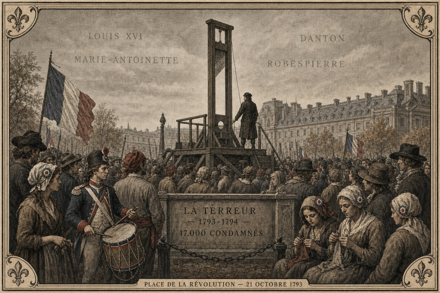 Historische Gravur: Place de la Révolution, Paris, Oktober 1793. Guillotine im Zentrum, Trikolore, jakobinische Menge, Trommler in Republikaner-Uniform, Trikoteusen auf den Bänken. Namen der Hingerichteten in den Sepia-Himmel graviert.