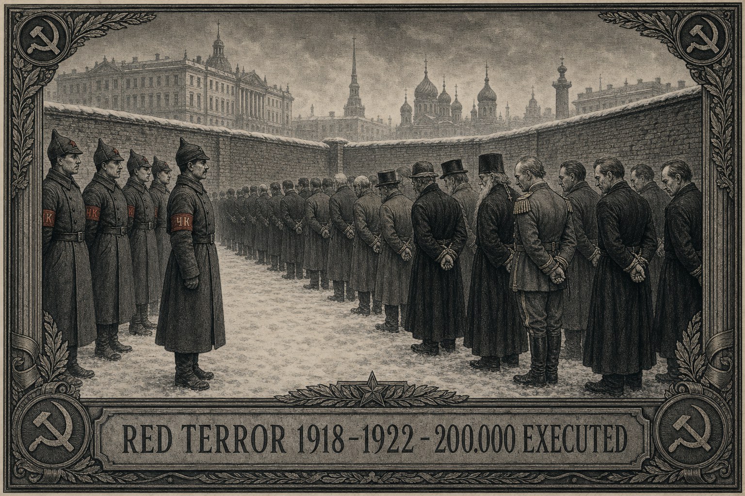 Historische Gravur: Winterhof in Petrograd 1918. Reihen von Tscheka-Offizieren mit Budjonowka-Mützen stehen Reihen gefesselter bürgerlicher Gefangener gegenüber — Kaufleute, orthodoxe Priester, zaristische Offiziere mit Epauletten, Professoren mit Zwicker. Schnee am Boden, im Nebel Silhouetten von Palästen und Kathedralen.