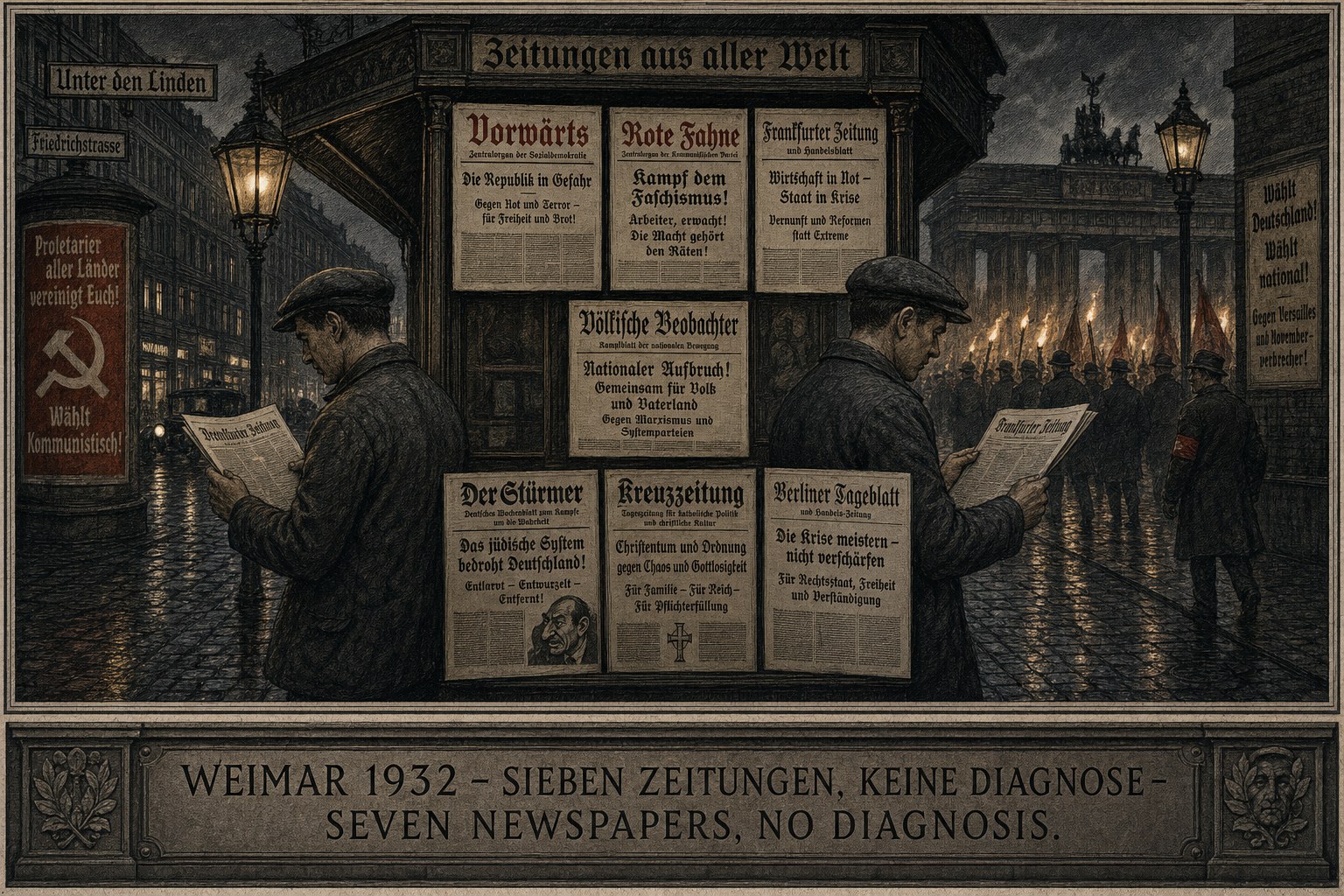 Historische Gravur: Berliner Zeitungskiosk 1932 mit sieben verschiedenen Zeitungen nebeneinander. Zwei Arbeiter lesen gegensätzliche Zeitungen mit dem Rücken zueinander. Im Hintergrund am Brandenburger Tor nähert sich ein Fackelzug.