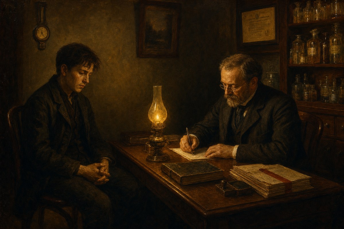 Pintura clássica a óleo em tons quentes de sépia: um consultório com um médico sentado a uma escrivaninha de mogno, lamparina a óleo, frascos de farmácia, um jovem paciente na sombra. O médico escreve uma receita.