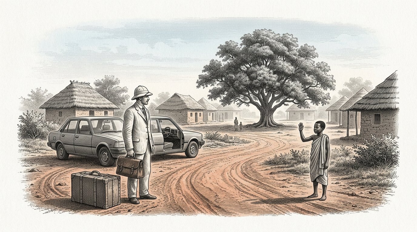 Petros steigt in einem afrikanischen Hafen mit seiner Holzkiste und Ledertasche von der Kaimauer, in der frühen Morgenhitze.