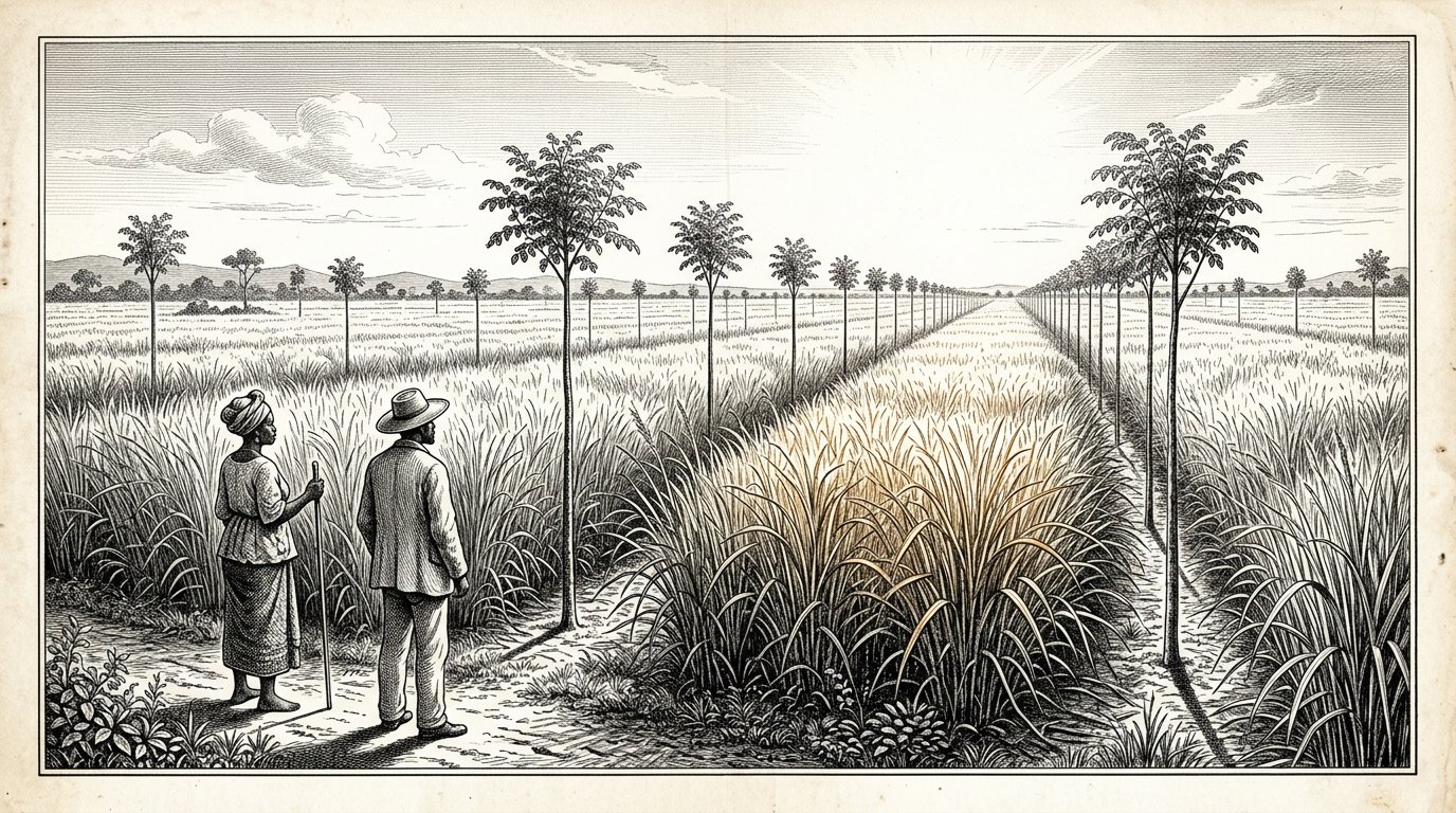 Ein weitläufiges Feld mit mannshohem Riesengras unter einer sengenden Sonne, mit Moringa-Bäumen als Abgrenzung zwischen den Reihen.