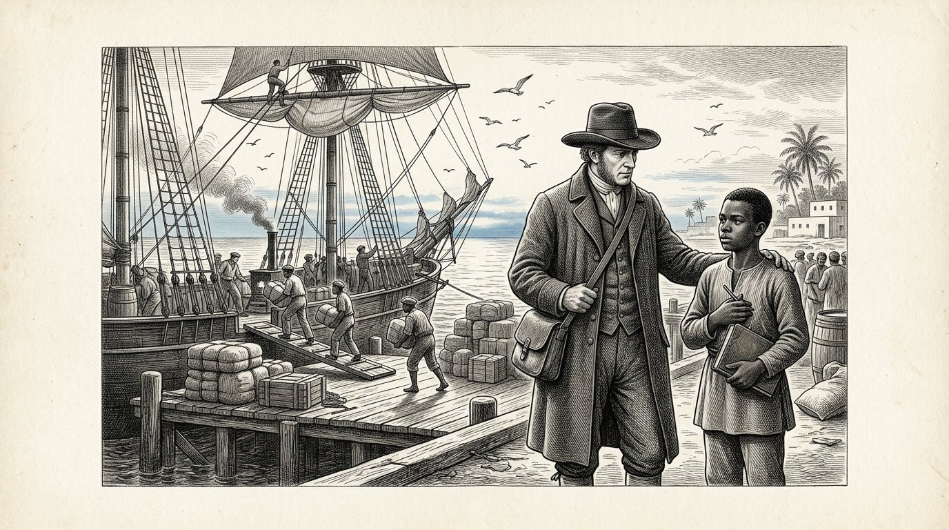 Petros überreicht dem jungen Mann Baraka die lederne Schrift auf dem Kai bei einem großen Segelschiff; im Hintergrund ein Netzwerk von Dörfern, die durch Linien auf einer Karte miteinander verbunden sind.