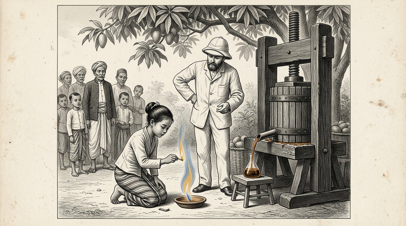 Ein Mädchen entzündet die blaue Flamme, während Petros zusieht; das junge Gras hat seine Arbeit getan.