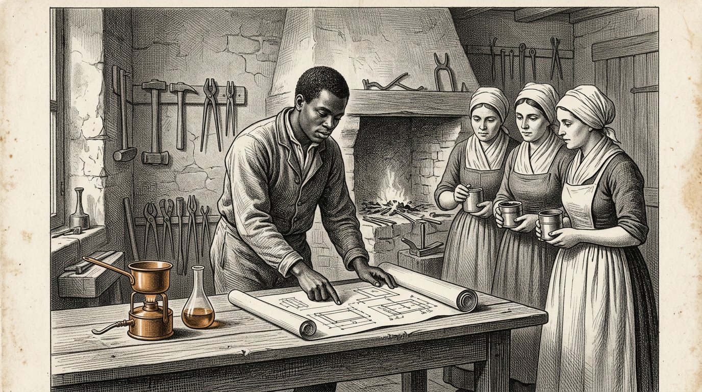 Ibrahim, der Schmied, mit den Zeichnungen des Brenners und drei Frauen mit Dosen voller Kohle.