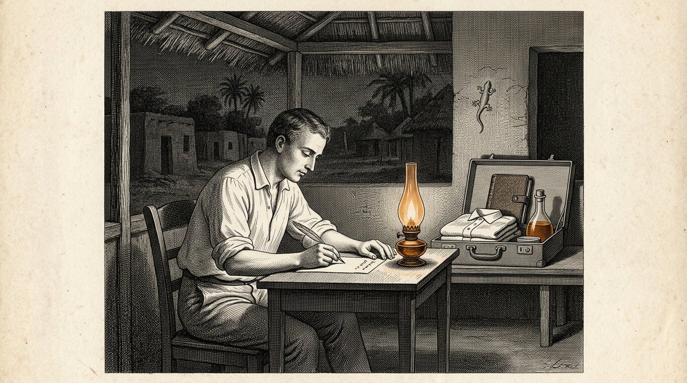 Petros schreibt bei Lampenlicht auf der Veranda seinen ersten Brief an Alkion.