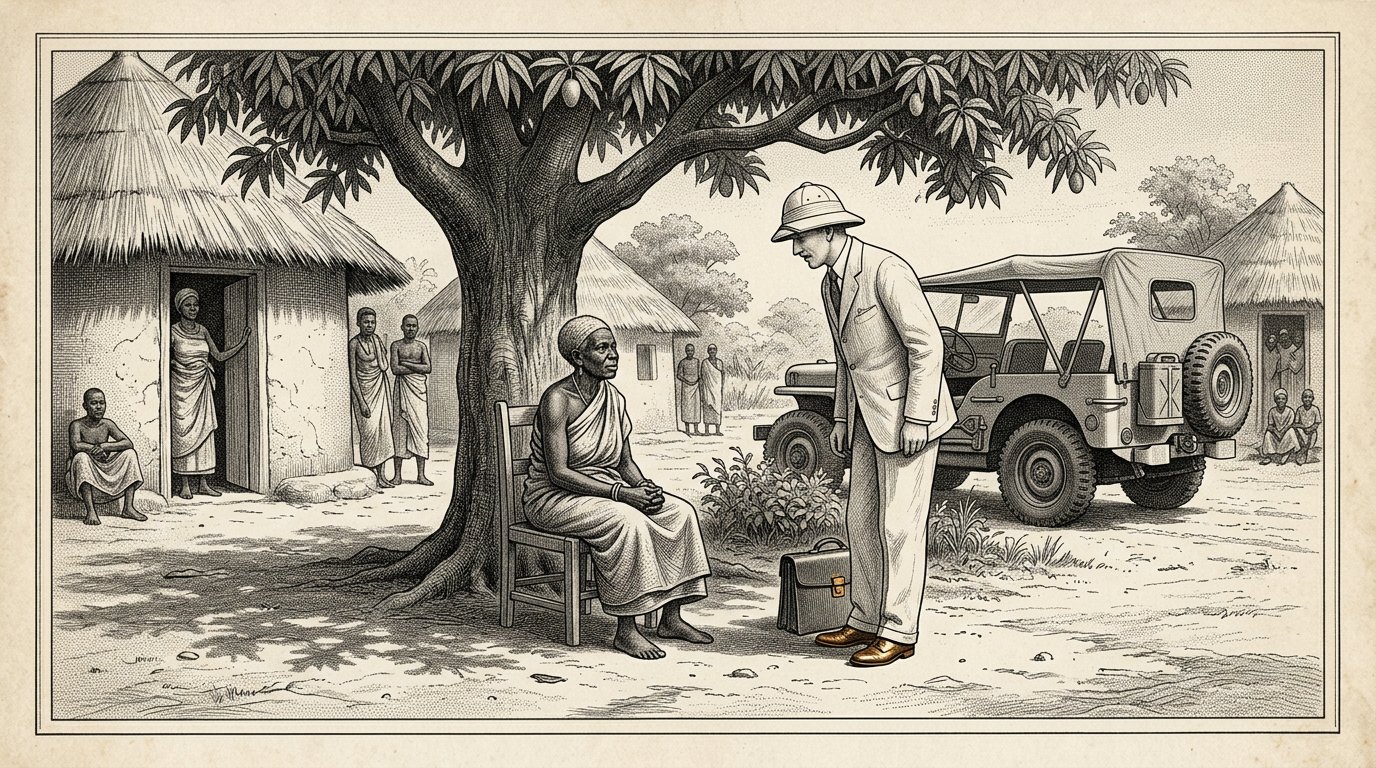 Monsieur Diallo im weißen Leinenanzug kommt beim Mangobaum an; Yara steht nicht auf.