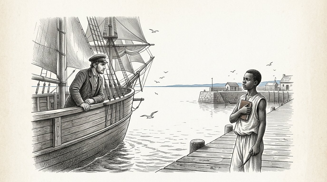 Petros an der Reling des auslaufenden Schiffes; Baraka am Kai mit der Schrift.