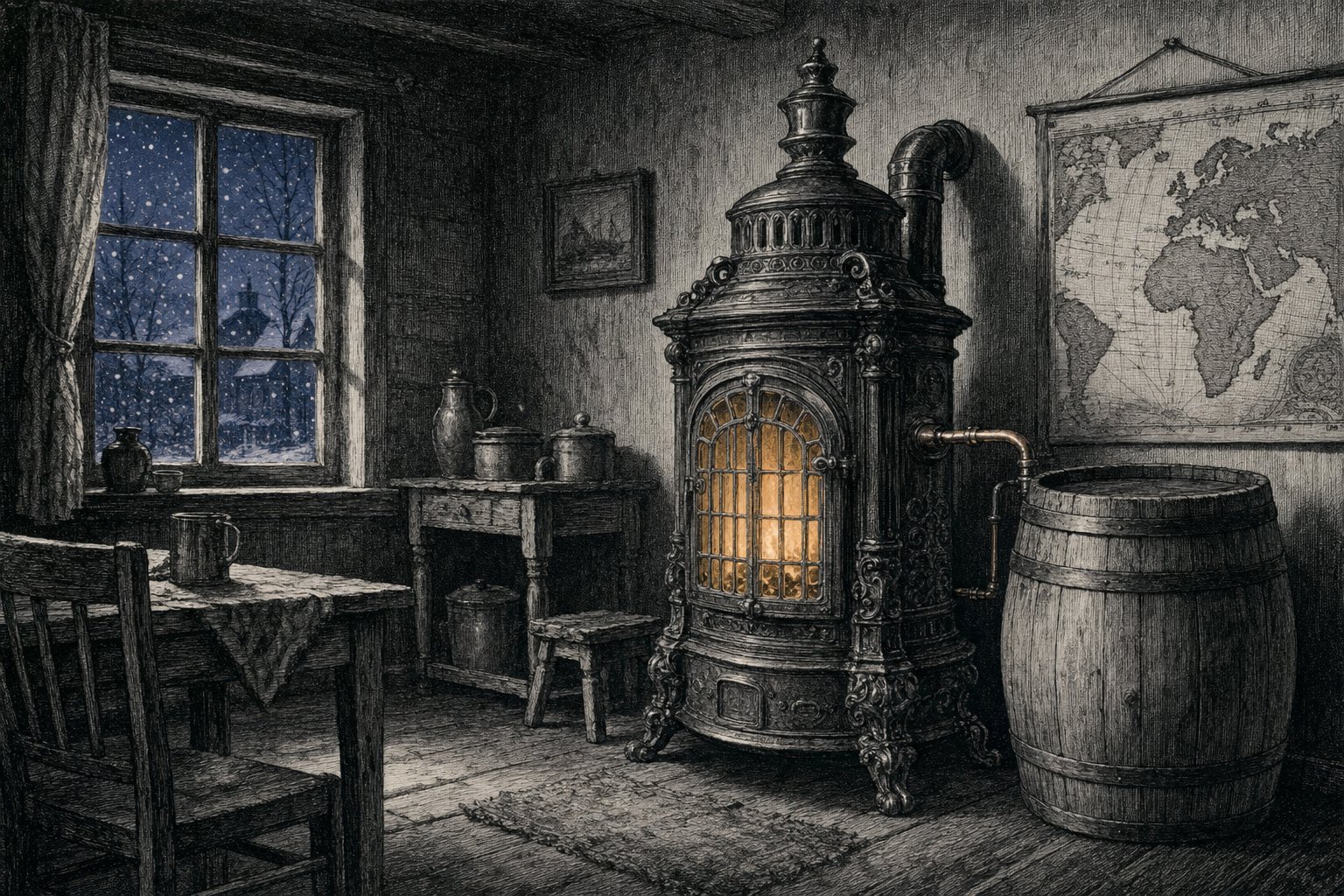 Ein gusseiserner Ofen in einem Dorfhaus, daneben ein Holzfass und eine Kupferleitung, an der Wand eine Weltkarte.