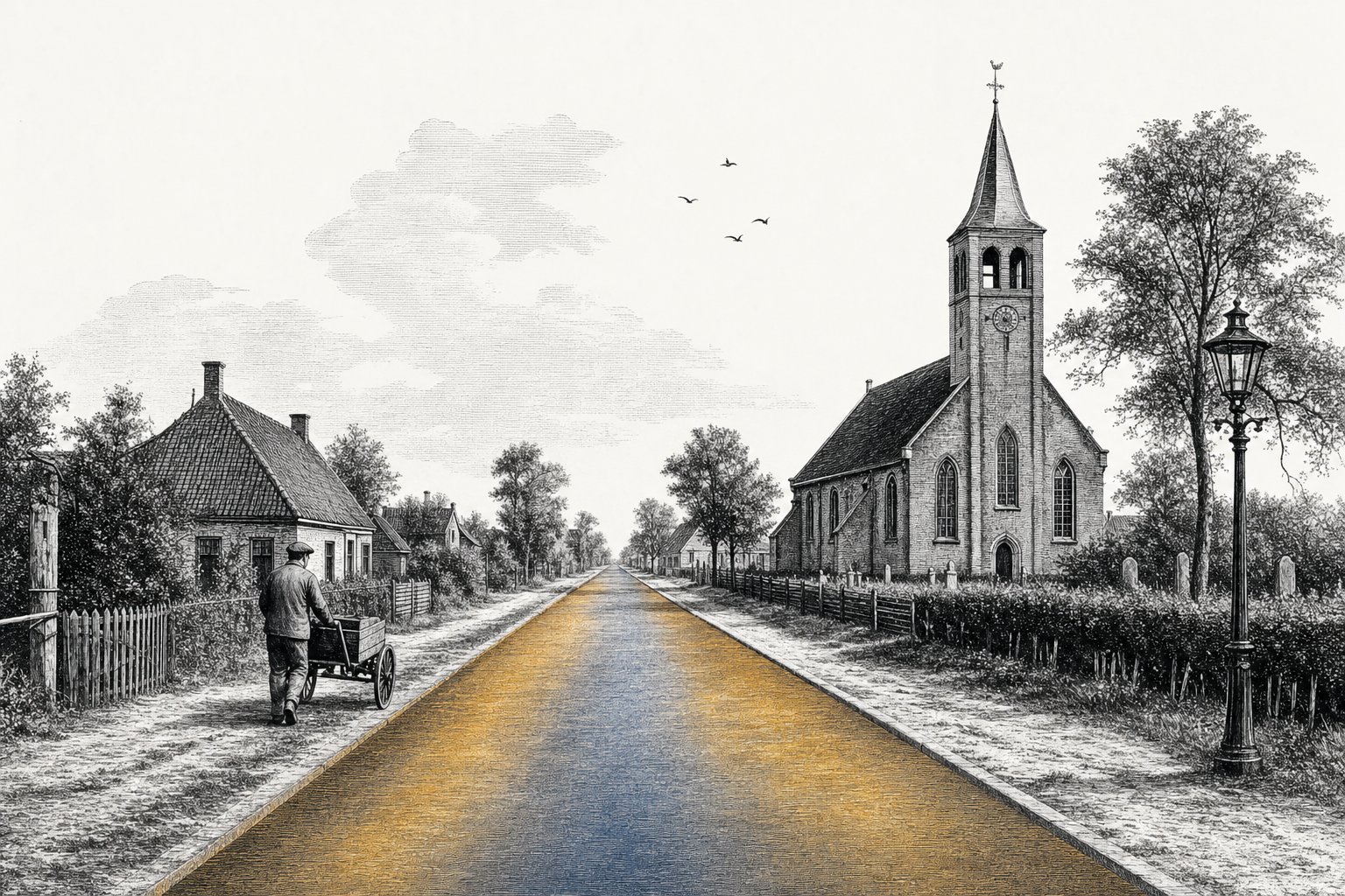 Eine Dorfstraße mit einem neu angelegten Weg, der ockerfarben und indigoblau glitzert, wo das Licht auf ihn fällt, mit einer Kirche und einem Bauern mit einem Handkarren.