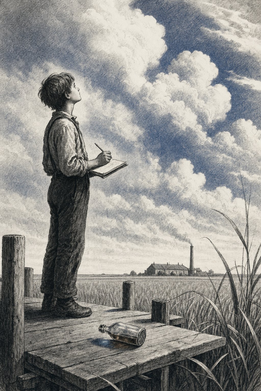 Ein Junge auf einem Steg, der zu den Wolken blickt und in eine Schrift schreibt; hinter ihm eine gemeinschaftliche Werkstatt mit Schornstein und ein Feld aus Riesen- beziehungsweise Elefantengras.
