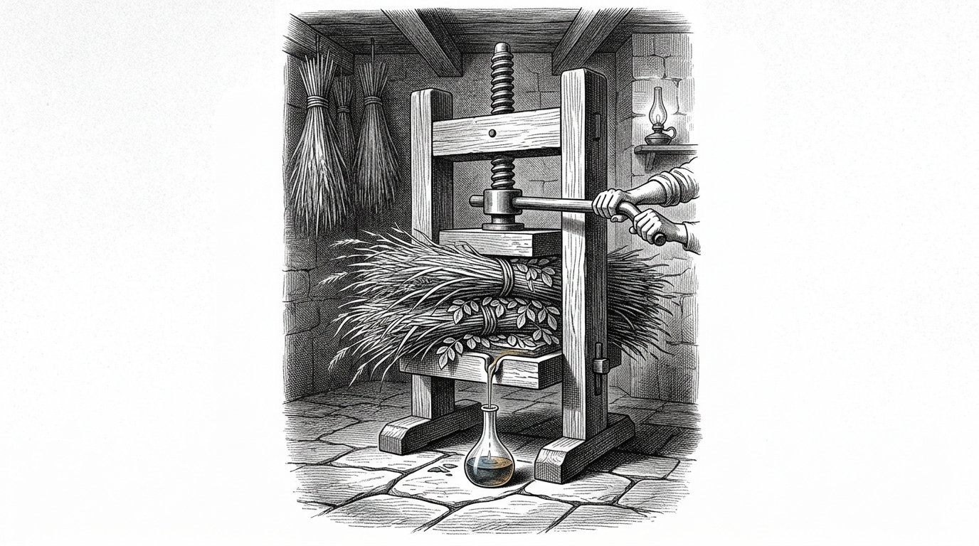 Die hölzerne Schraubenpresse, aus der ein dünner Strahl bernsteinfarbenen Hydrolysats tropft.