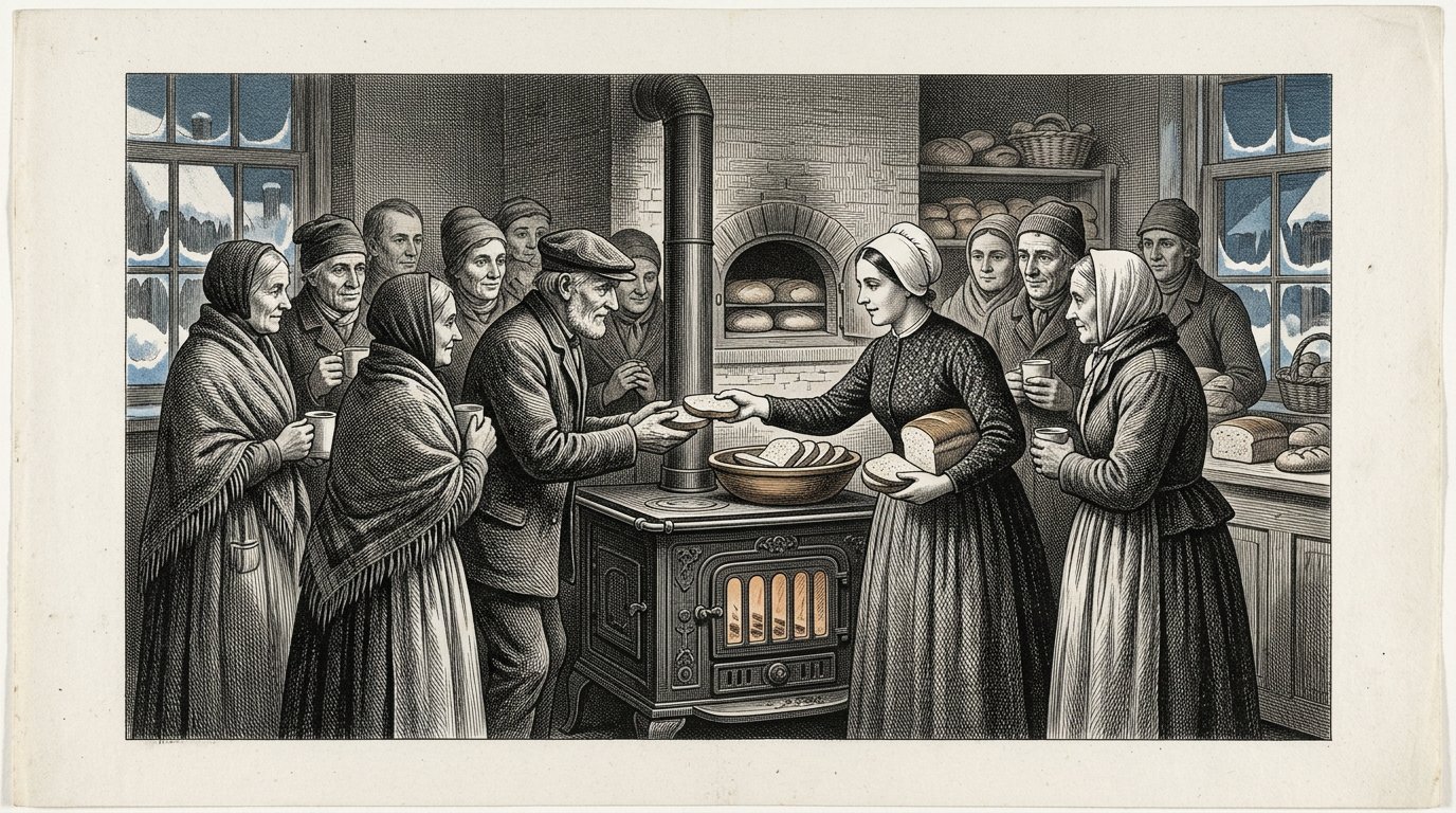 Nachbarn am ersten Weihnachtstag um den warmen Ofen in der Bäckerei.