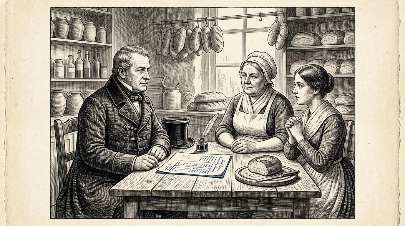 Der Bürgermeister und Demira im Gespräch mit Alkion am Bäckereitisch.