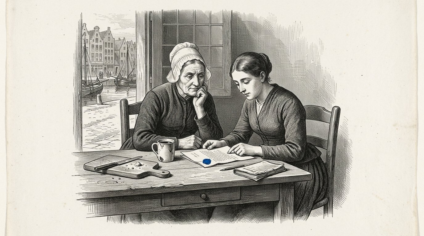 Alkion und Demira lesen den Brief aus Brüssel mit blauem Siegel aus Lack.
