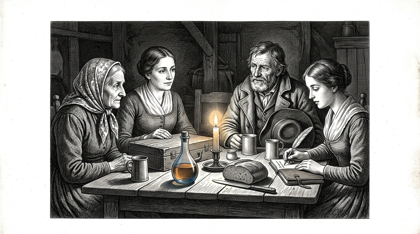 Vier Menschen sitzen in der Bäckerei um den Tisch, mit der Kiste, der Flasche und der Schrift.